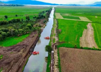 Canal de Erongarícuaro con agua clara y vegetación verde a sus lados, en un día soleado.