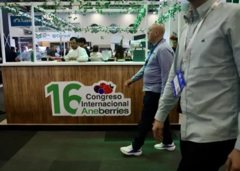Hombres en el Congreso Internacional de Berries en Jalisco, con stand y asistentes en el fondo.