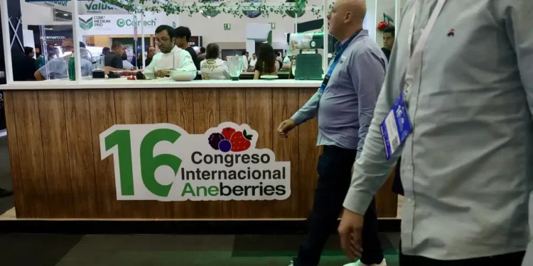 Hombres en el Congreso Internacional de Berries en Jalisco, con stand y asistentes en el fondo.