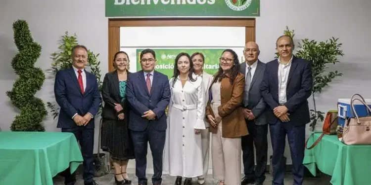 Grupo de profesionales en un evento de reconocimiento en un espacio cerrado con decoraciones verdes y mesas con manteles.