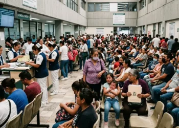 Personas esperando en fila en un hospital público en Michoacán, muchas con mascarillas y en interiores con luz natural.