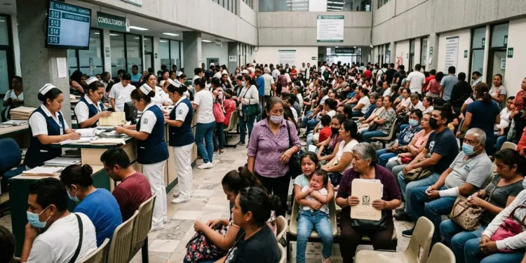 Personas esperando en fila en un hospital público en Michoacán, muchas con mascarillas y en interiores con luz natural.