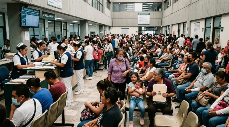Personas esperando en fila en un hospital público en Michoacán, muchas con mascarillas y en interiores con luz natural.