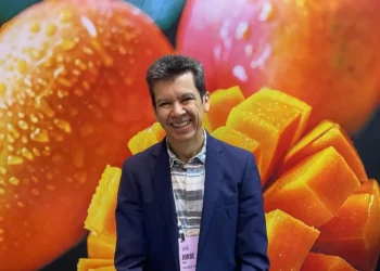 Hombre sonriendo con fondo de mangos maduros y en cubos en Jalisco.