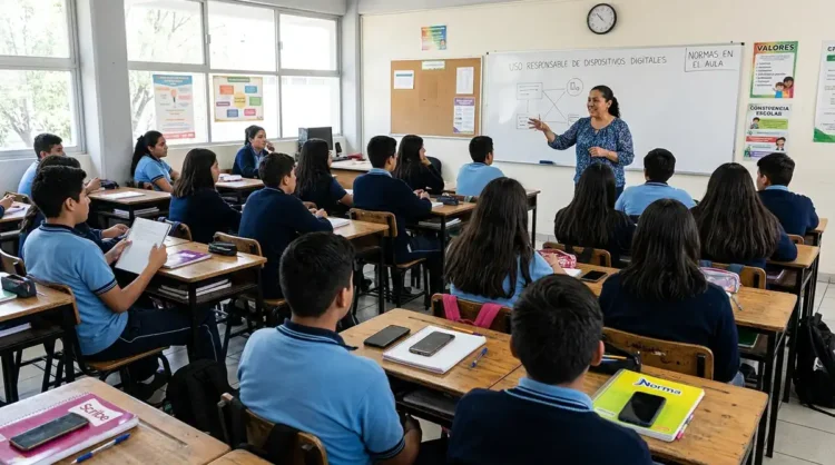 Maestra explica regulación de celulares a estudiantes en aula de escuela secundaria.