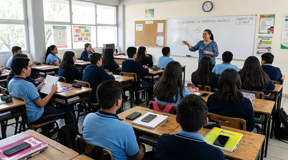 Maestra explica regulación de celulares a estudiantes en aula de escuela secundaria.