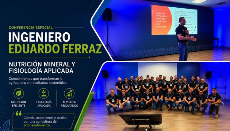 Ingeniero Eduardo Ferraz presenta conferencia sobre nutrición mineral y fisiología aplicada en evento.