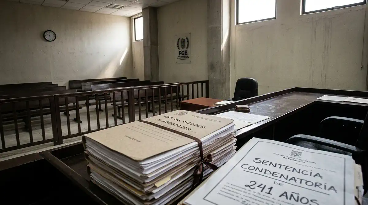Documentos judiciales y sentencia condenatoria en sala de audiencias en Morelia.