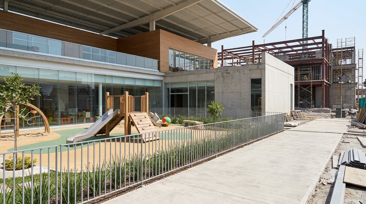 Construcción de una guardería en Michoacán con área de juegos y estructura en desarrollo.