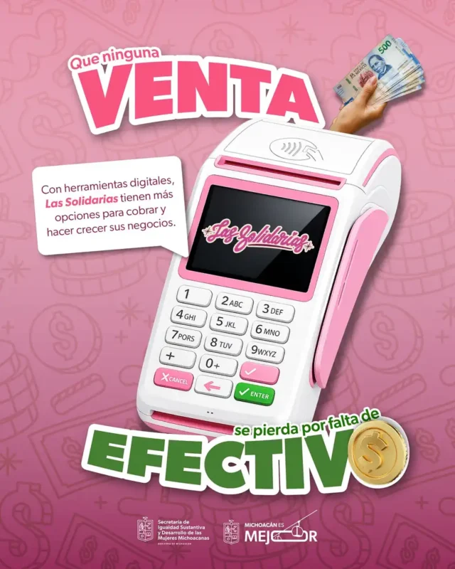 Terminal de pago rosa con pantalla digital y mano con billetes, promocionando herramientas para emprendedoras en Morelia.