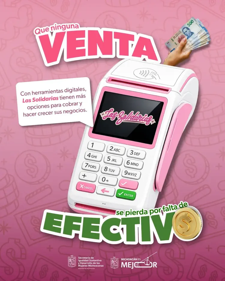 Terminal de pago rosa con pantalla digital y mano con billetes, promocionando herramientas para emprendedoras en Morelia.