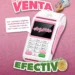 Terminal de pago rosa con pantalla digital y mano con billetes, promocionando herramientas para emprendedoras en Morelia.