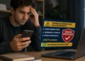 Hombre preocupado revisando su teléfono con anuncio de trabajo fraudulento desde casa.