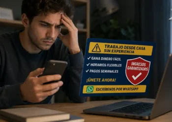 Hombre preocupado revisando su teléfono con anuncio de trabajo fraudulento desde casa.
