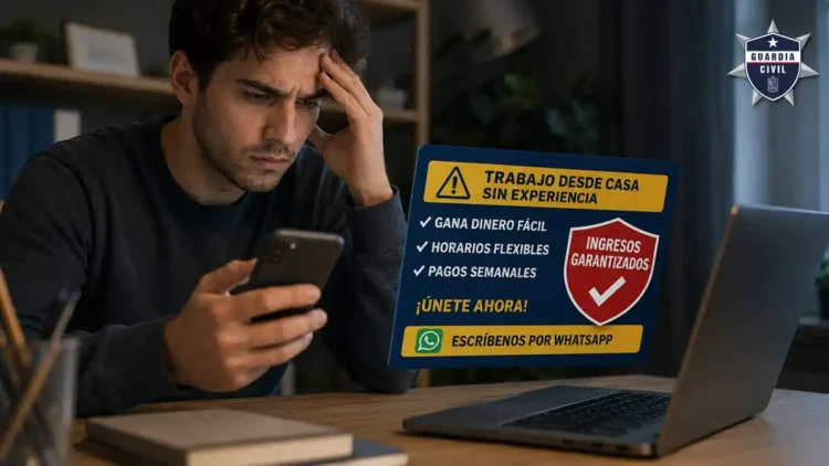 Hombre preocupado revisando su teléfono con anuncio de trabajo fraudulento desde casa.