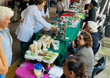 Adultos mayores y visitantes en mercado de artesanías en Michoacán, con puestos de productos tradicionales y artesanales.