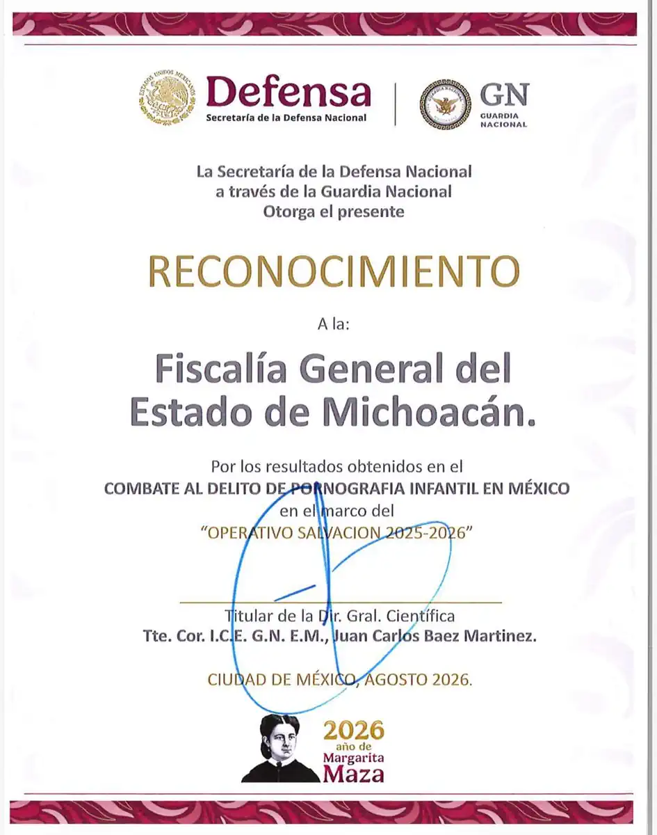 Certificado de reconocimiento a Fiscalía de Michoacán por resultados en lucha contra abuso infantil.