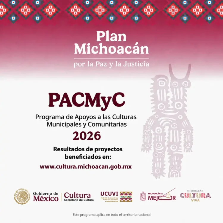 Cartel del programa PACMyC 2026 con símbolos culturales y logotipos oficiales.