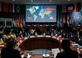 Delegados de diferentes países en una conferencia global con banderas y mapa mundial en pantalla.