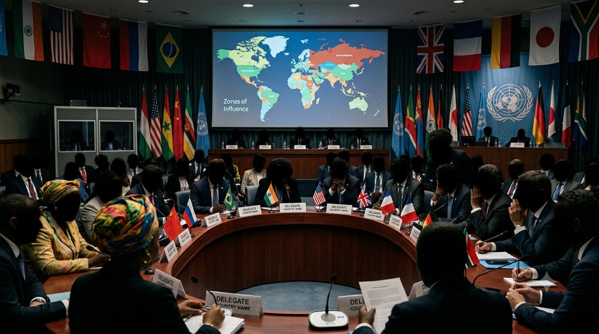 Delegados de diferentes países en una conferencia global con banderas y mapa mundial en pantalla.