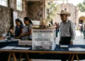 Ciudadanos votando en casilla electoral en Michoacán, con urnas y papeletas visibles.