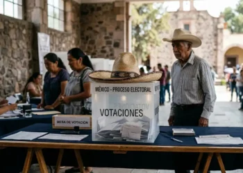 Ciudadanos votando en casilla electoral en Michoacán, con urnas y papeletas visibles.