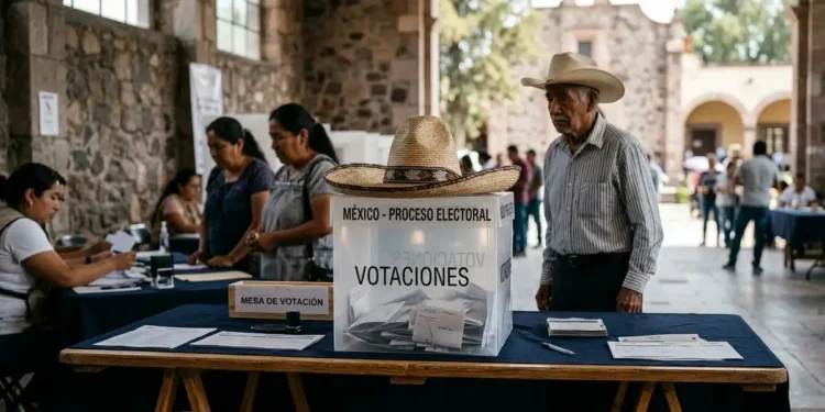Ciudadanos votando en casilla electoral en Michoacán, con urnas y papeletas visibles.