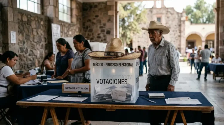 Ciudadanos votando en casilla electoral en Michoacán, con urnas y papeletas visibles.
