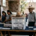 Ciudadanos votando en casilla electoral en Michoacán, con urnas y papeletas visibles.
