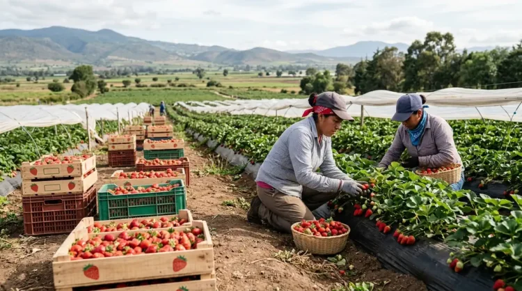 Trabajadores cosechan fresas en un campo agrícola en Zamora, con montañas y cielo nublado al fondo.