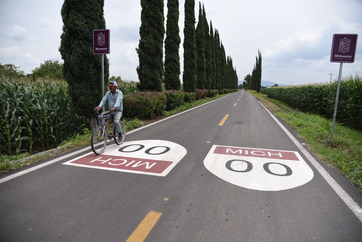 Un hombre en bicicleta recorre una carretera rural rodeada de maizales y cipreses con señales que indican "Michoacán".