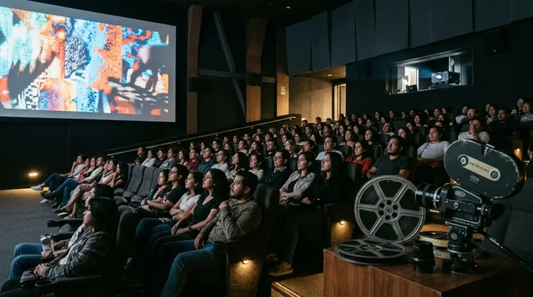 Personas viendo una película en una sala de cine con proyector y pantalla grande.