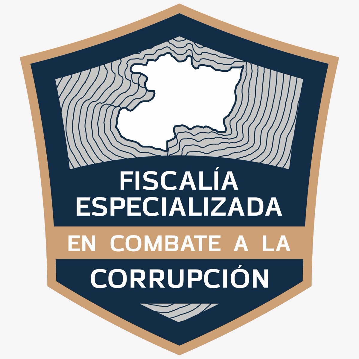 Escudo con un mapa estilizado en el centro y el texto “Fiscalía Especializada en Combate a la Corrupción”.
