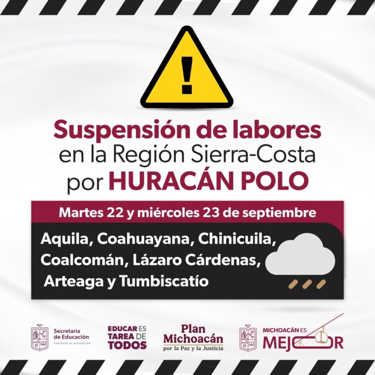 Aviso gráfico que informa la suspensión de labores en la Región Sierra-Costa por el huracán Polo los días martes 22 y miércoles 23 de septiembre.