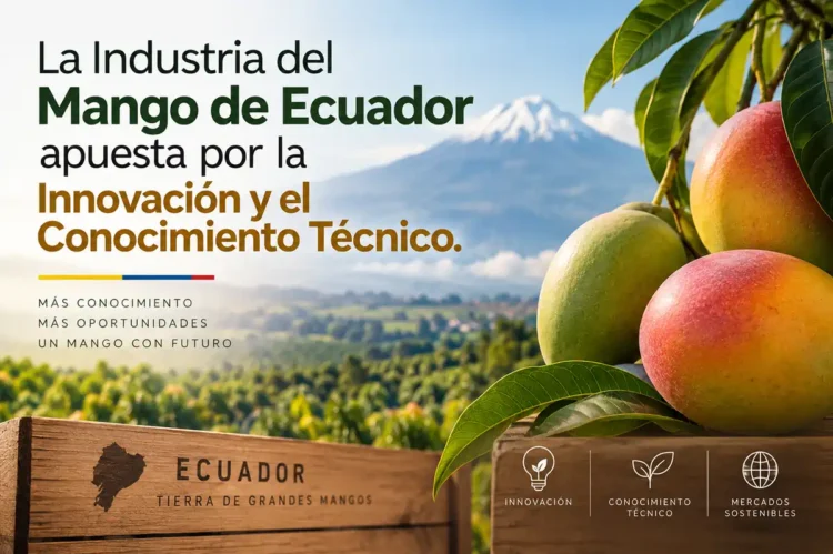 Mangos maduros en un árbol con volcán en el fondo, simbolizando innovación en la industria del mango en Ecuador.