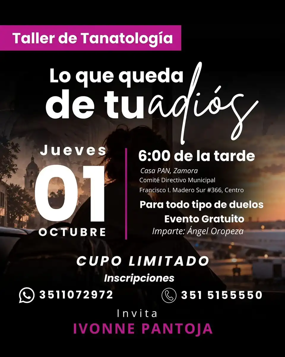 Cartel promocional del taller de tanatología en Zamora, con detalles del evento y contacto para inscripciones.