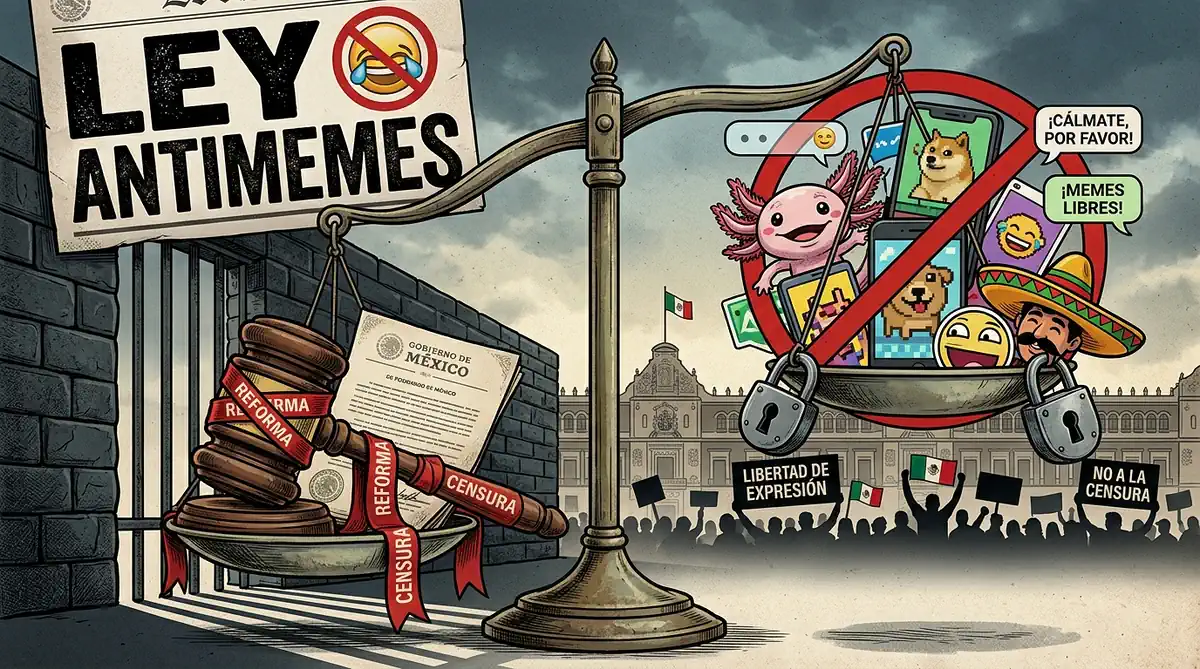 Balanza con libros censurados y memes libres en una parte, y en la otra, caricaturas y mensajes de libertad de expresión.