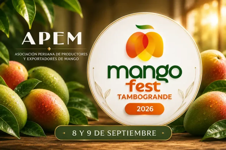 Cartel promocional del Mango Fest 2026 en Tambogrande con logo de mango y detalles del evento.