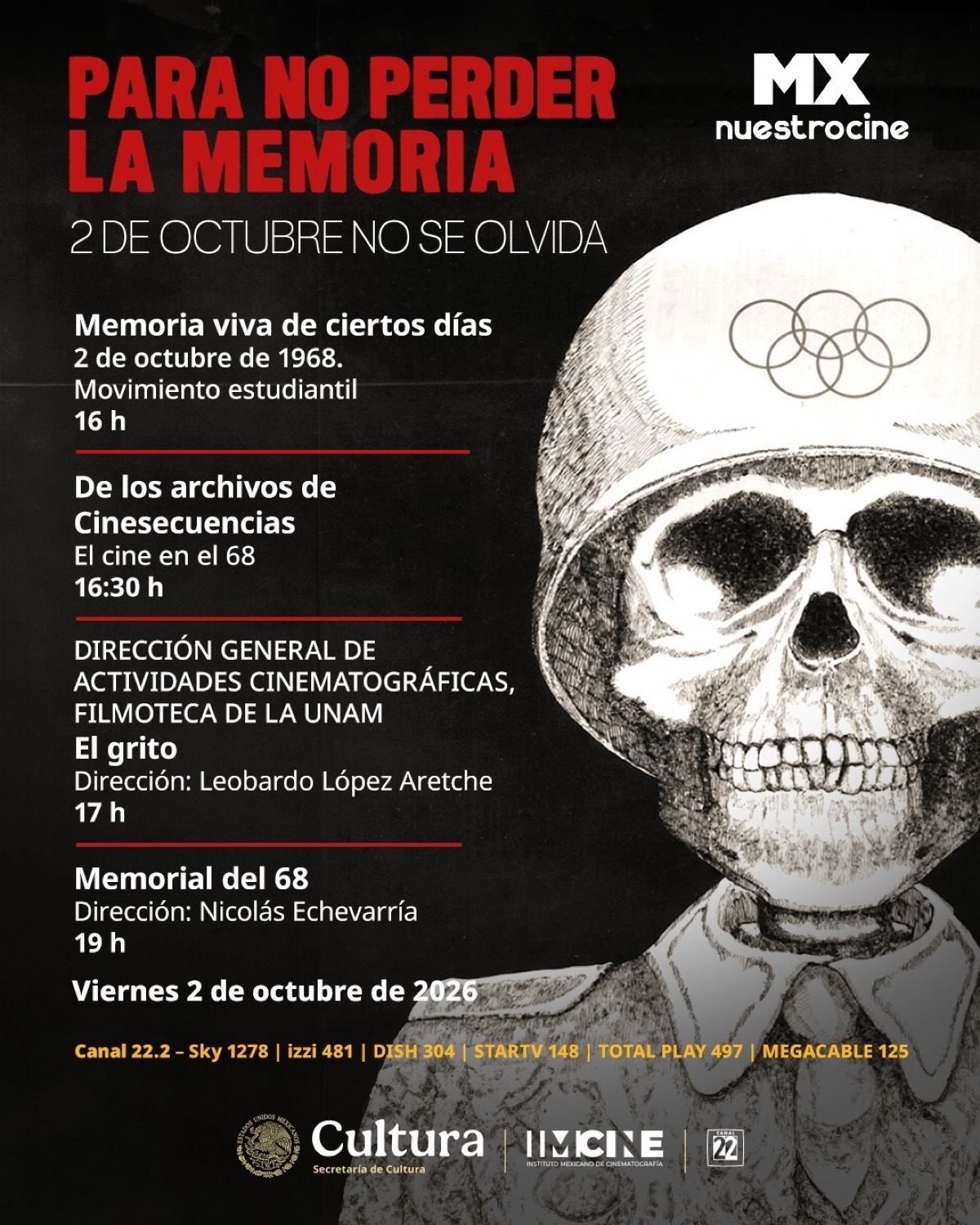 Cartel con un fondo oscuro que muestra un esqueleto con casco olímpico y el programa de proyecciones sobre el 2 de octubre de 1968.
