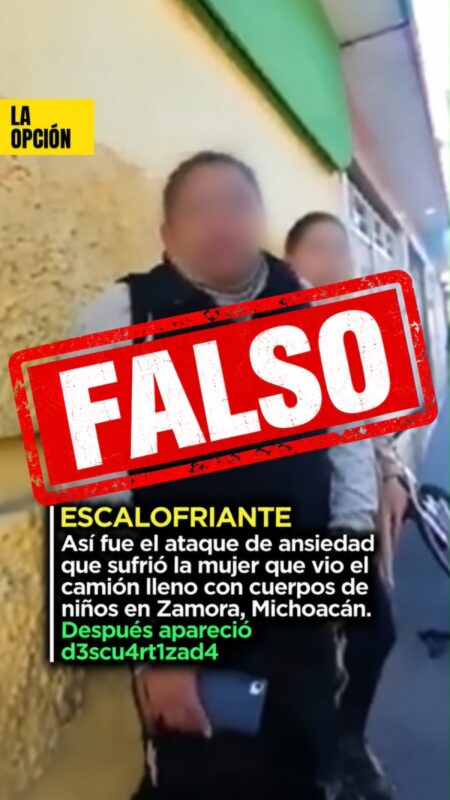 Hombre con rostro difuminado y niño en un camión, con sello de falso en la imagen, en Zamora Michoacán.