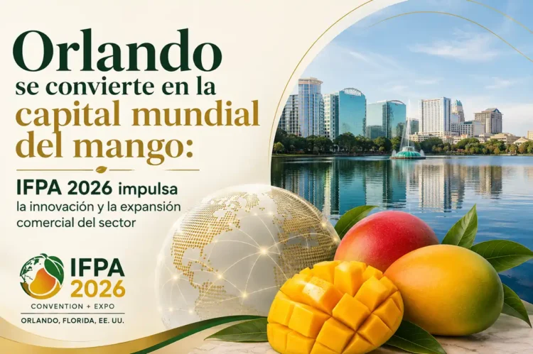 Vista del lago en Orlando con skyline y frutas de mango en primer plano.