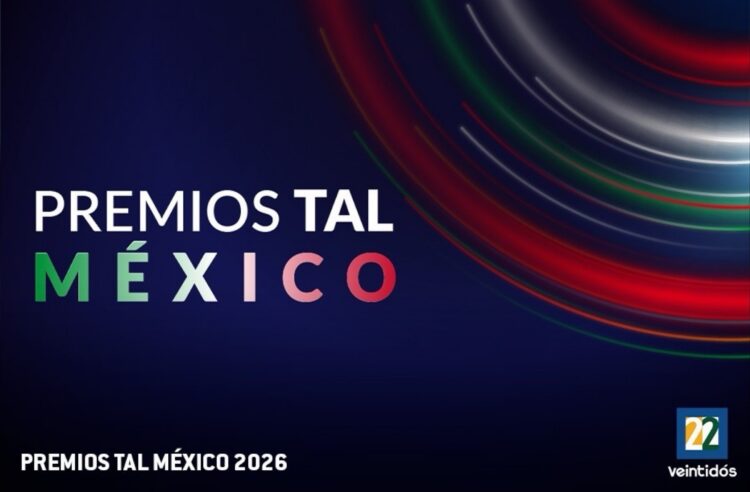 Logotipo de los Premios TAL México 2026 con luces curvas en colores rojo, verde y blanco sobre un fondo oscuro.