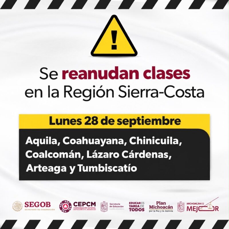 Aviso de reanudación de clases en la región Sierra Costa de Michoacán, con lista de municipios afectados y fecha.
