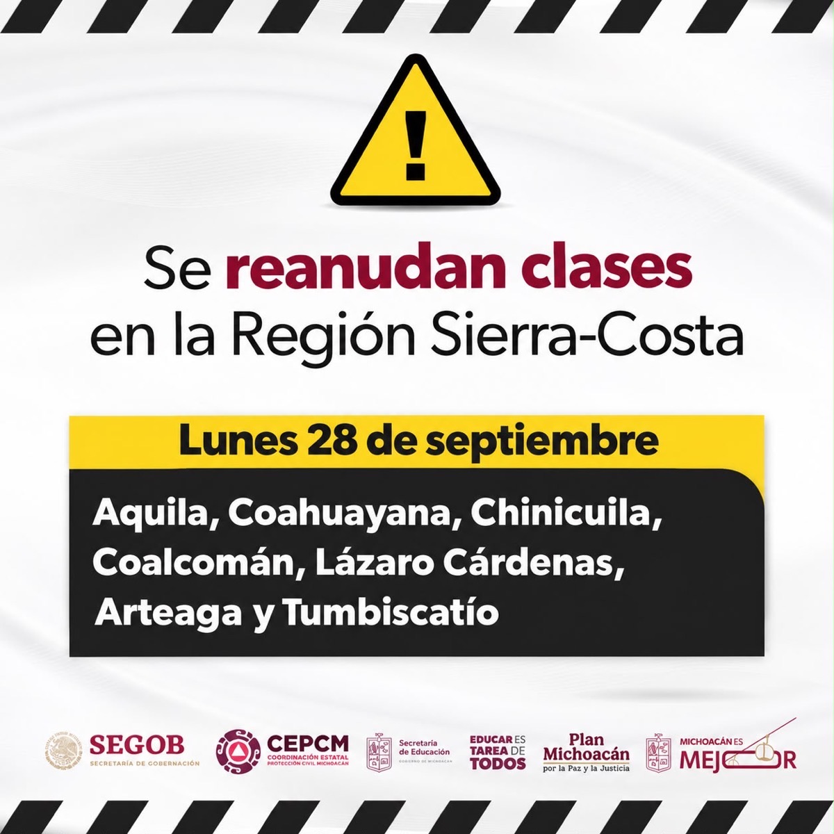 Aviso de reanudación de clases en la región Sierra Costa de Michoacán, con lista de municipios afectados y fecha.