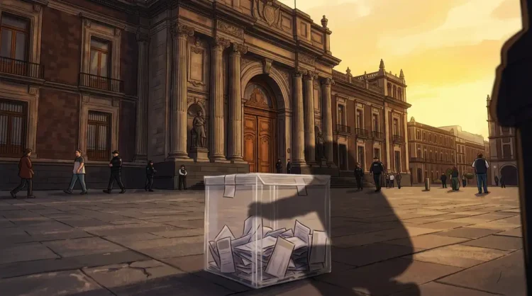 Contenedor transparente con votos en Plaza Principal de Morelia al atardecer.