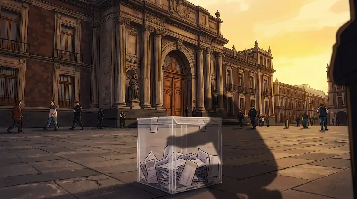 Contenedor transparente con votos en Plaza Principal de Morelia al atardecer.