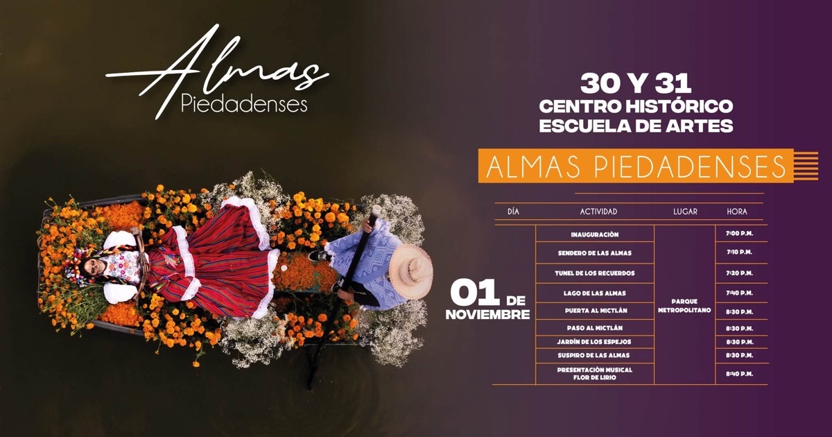 Cartel del festival Almas Piedadenses con trajinera floral y programa de actividades del 30 de octubre al 1 de noviembre.