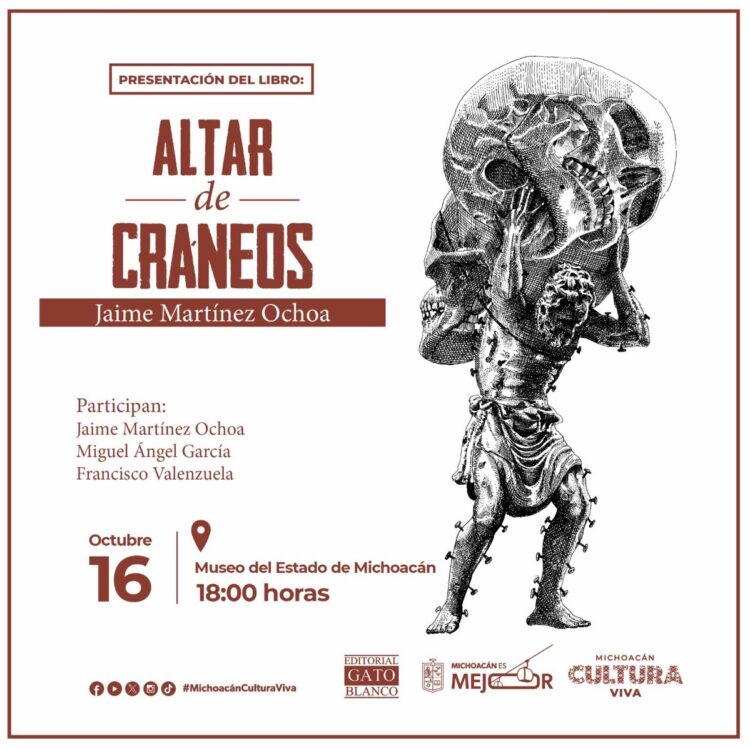 Cartel de presentación de un libro titulado “Altar de Cráneos” con ilustración de un hombre cargando un gran cráneo.
