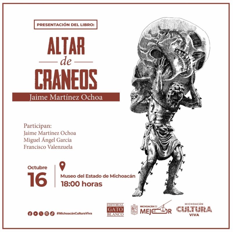 Cartel de presentación de un libro titulado “Altar de Cráneos” con ilustración de un hombre cargando un gran cráneo.