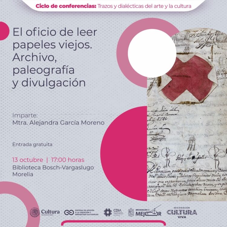 Cartel informativo de una conferencia sobre lectura de documentos antiguos con detalles de fecha, lugar y expositora.